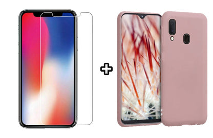 Set Husa Silicon plus Folie din sticla transparenta Case Friendly compatibila cu Samsung Galaxy A40, roz pudra, protectie 360