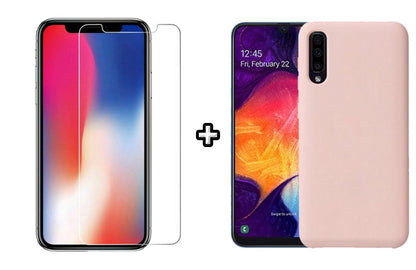 Set Husa Silicon plus Folie din sticla transparenta Case Friendly compatibila cu Samsung Galaxy A50, roz pudra, protectie 360