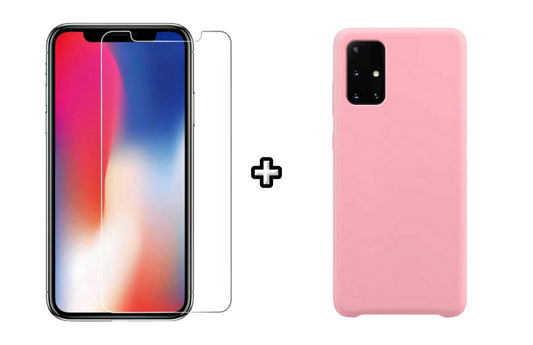 Set Husa Silicon plus Folie din sticla transparenta Case Friendly compatibila cu Samsung Galaxy A51, roz pudra, protectie 360