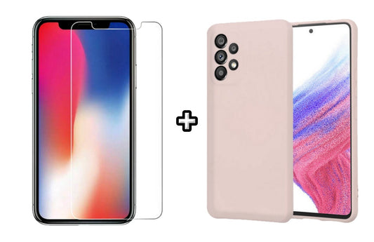 Set Husa Silicon plus Folie din sticla transparenta Case Friendly compatibila cu Samsung Galaxy A73, roz pudra, protectie 360