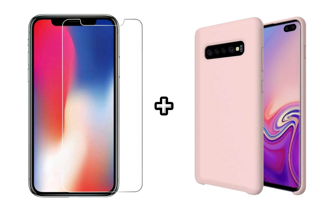 Set Husa Silicon plus Folie din sticla transparenta Case Friendly compatibila cu Samsung Galaxy S10, roz pudra, protectie 360