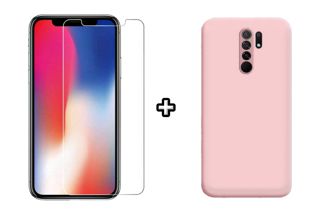 Set Husa Silicon plus Folie din sticla transparenta compatibila cu Xiaomi Redmi 9, roz pudra, protectie 360