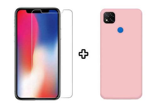 Set Husa Silicon plus Folie din sticla transparenta compatibila cu Xiaomi Redmi 9C, roz pudra, protectie 360