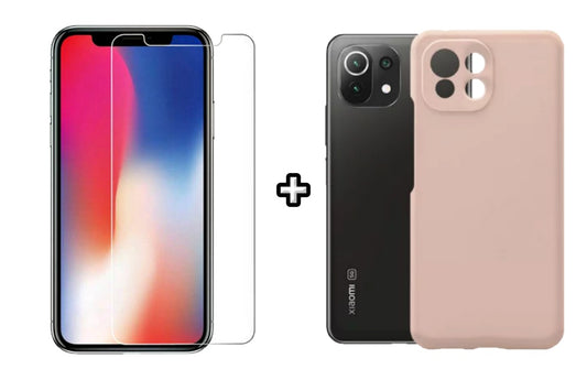 Set Husa Silicon plus Folie din sticla transparenta compatibila cu Xiaomi Mi 11 Lite, roz pudra, protectie 360