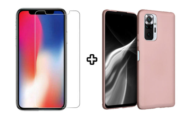 Set Husa Silicon plus Folie din sticla transparenta compatibila cu Xiaomi Redmi Note 10 Pro, roz pudra, protectie 360