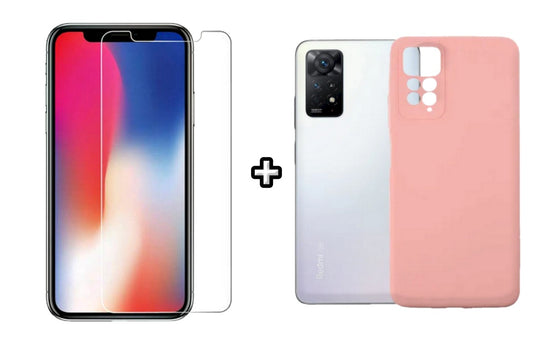 Set Husa Silicon plus Folie din sticla transparenta compatibila cu Xiaomi Redmi Note 11, roz pudra, protectie 360