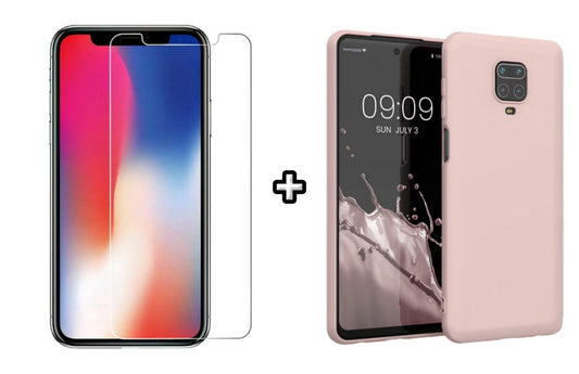 Set Husa Silicon plus Folie din sticla transparenta compatibila cu Xiaomi Redmi Note 9s, roz pudra, protectie 360