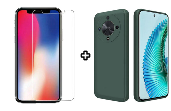 Set Husa Silicon plus Folie din sticla transparenta Case Friendly compatibila cu Honor Magic5 Lite, verde inchis, protectie 360