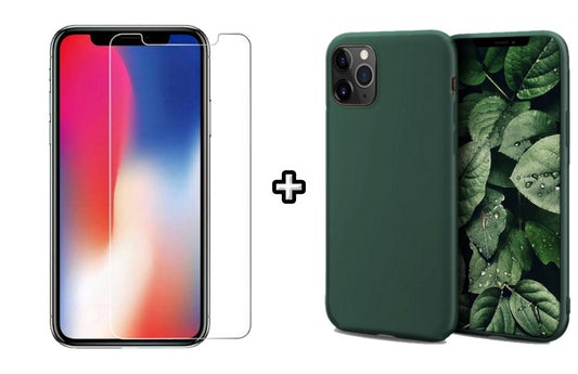 Set Husa Silicon + Folie din sticla transparenta Case Friendly compatibila cu Apple iPhone 11 Pro, verde inchis, protectie 360