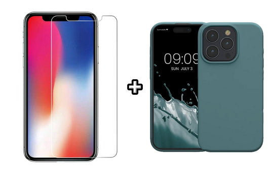 Set Husa Silicon + Folie din sticla transparenta Case Friendly compatibila cu Apple iPhone 15 Pro, verde inchis, protectie 360