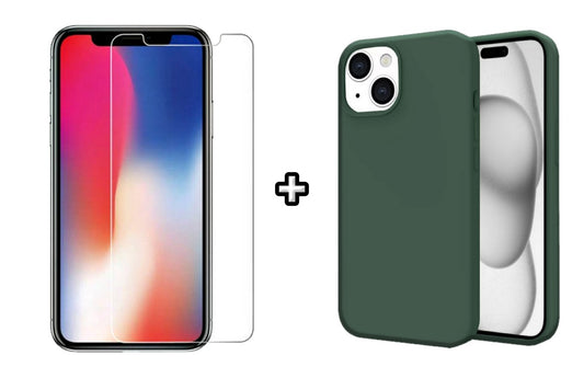 Set Husa Silicon + Folie din sticla transparenta Case Friendly compatibila cu Apple iPhone 15, verde inchis, protectie 360