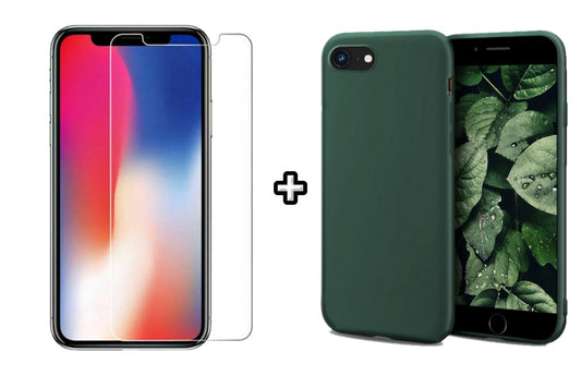 Set Husa Silicon + Folie din sticla transparenta Case Friendly compatibila cu Apple iPhone 7 Plus, verde inchis, protectie 360