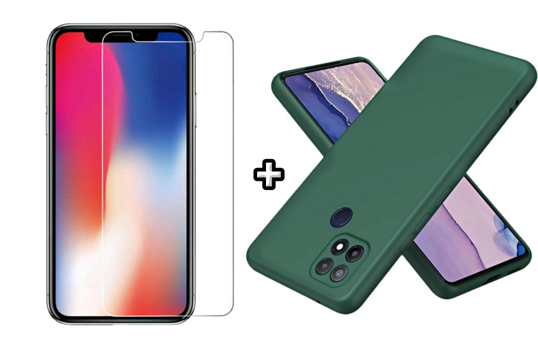 Set Husa Silicon plus Folie din sticla transparenta Case Friendly compatibila cu OPPO A15, verde inchis, protectie 360