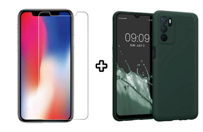 Set Husa Silicon plus Folie din sticla transparenta Case Friendly compatibila cu OPPO A16, verde inchis, protectie 360