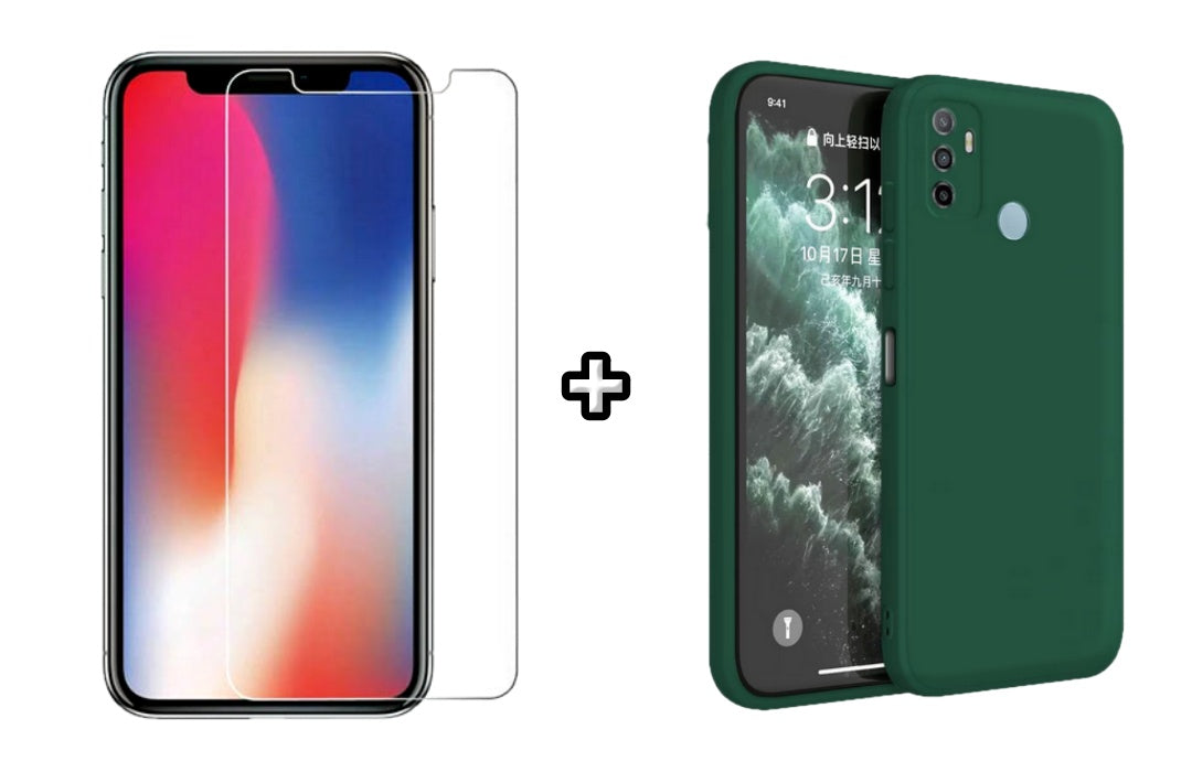 Set Husa Silicon plus Folie din sticla transparenta Case Friendly compatibila cu OPPO A53, verde inchis, protectie 360
