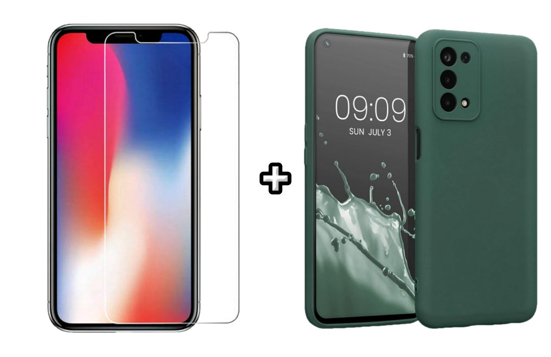 Set Husa Silicon plus Folie din sticla transparenta Case Friendly compatibila cu OPPO A52, verde inchis, protectie 360