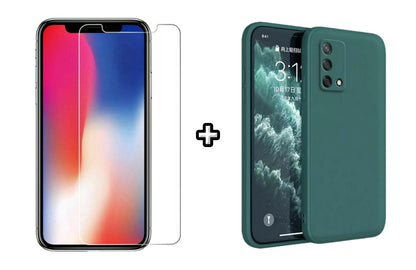 Set Husa Silicon plus Folie din sticla transparenta Case Friendly compatibila cu OPPO A74 4G, verde inchis, protectie 360