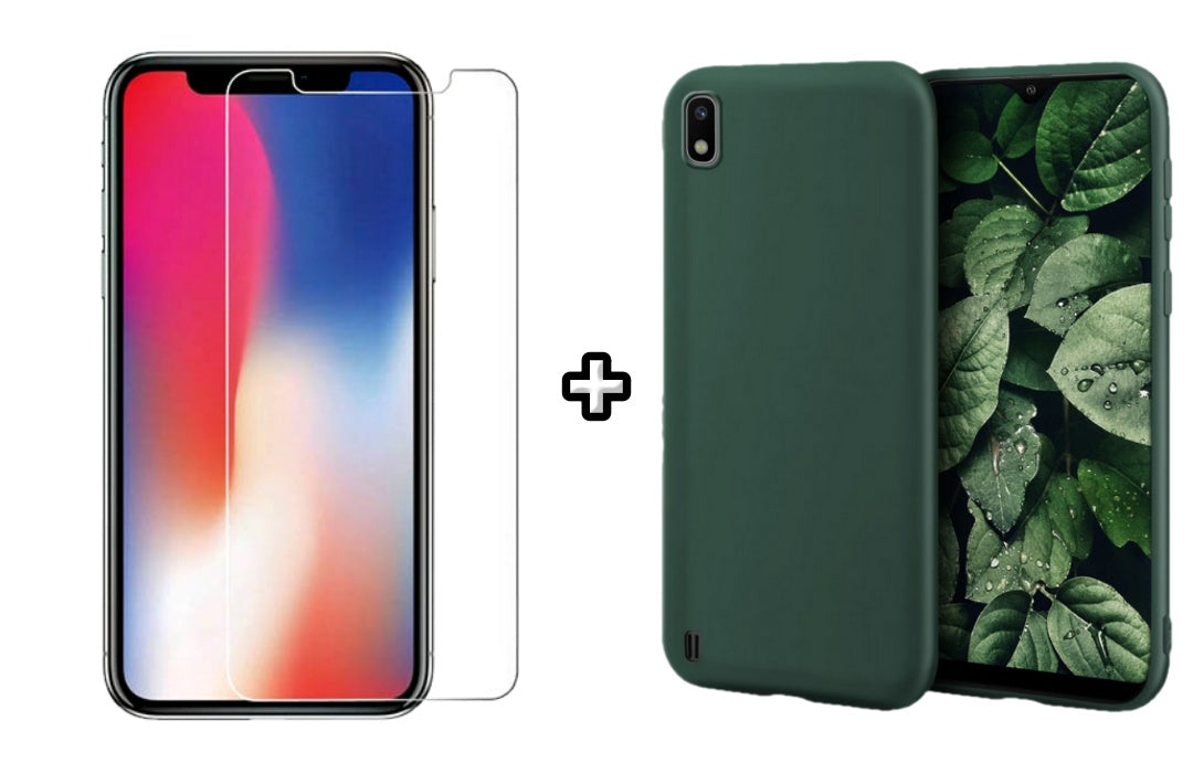 Set Husa Silicon plus Folie din sticla transparenta Case Friendly compatibila cu Samsung Galaxy A10, verde inchis, protectie 360