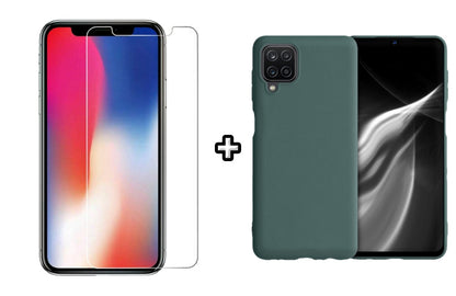 Set Husa Silicon plus Folie din sticla transparenta Case Friendly compatibila cu Samsung Galaxy A22 4G, verde inchis, protectie 360