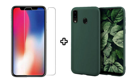Set Husa Silicon plus Folie din sticla transparenta Case Friendly compatibila cu Samsung Galaxy A20E, verde inchis, protectie 360