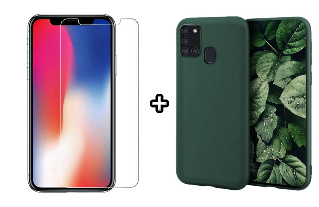 Set Husa Silicon plus Folie din sticla transparenta Case Friendly compatibila cu Samsung Galaxy A21s, verde inchis, protectie 360