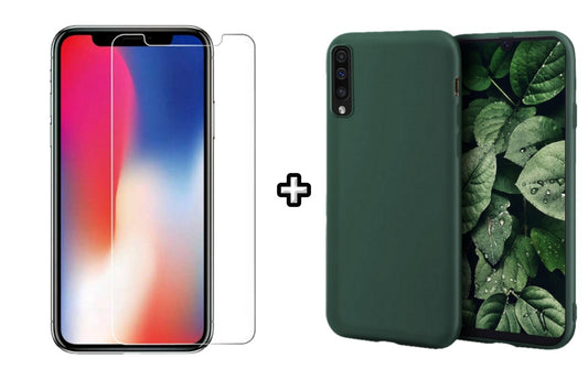 Set Husa Silicon plus Folie din sticla transparenta Case Friendly compatibila cu Samsung Galaxy A50, verde inchis, protectie 360