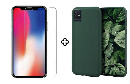 Set Husa Silicon plus Folie din sticla transparenta Case Friendly compatibila cu Samsung Galaxy A51, verde inchis, protectie 360