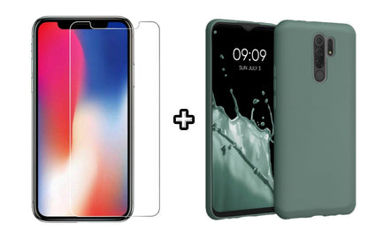 Set Husa Silicon plus Folie din sticla transparenta compatibila cu Xiaomi Redmi 9, verde inchis, protectie 360