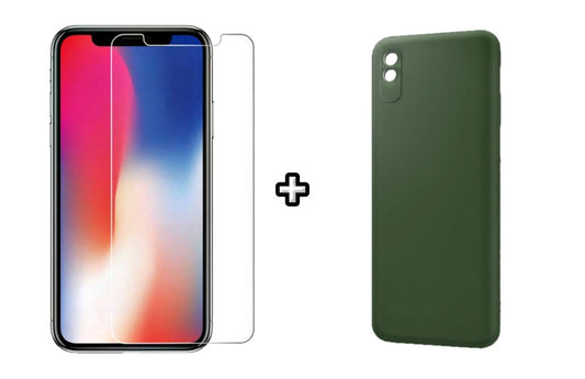 Set Husa Silicon plus Folie din sticla transparenta compatibila cu Xiaomi Redmi 9A, verde inchis, protectie 360