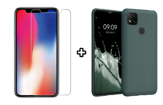 Set Husa Silicon plus Folie din sticla transparenta compatibila cu Xiaomi Redmi 9C, verde inchis, protectie 360