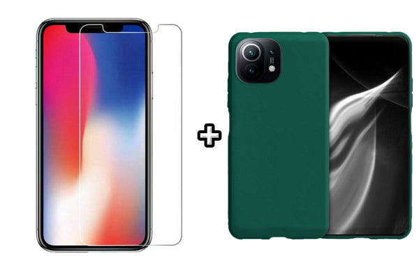 Set Husa Silicon plus Folie din sticla transparenta compatibila cu Xiaomi Mi 11 Lite, verde inchis, protectie 360