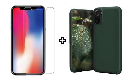 Set Husa Silicon plus Folie din sticla transparenta compatibila cu Xiaomi Redmi Note 10s, verde inchis, protectie 360