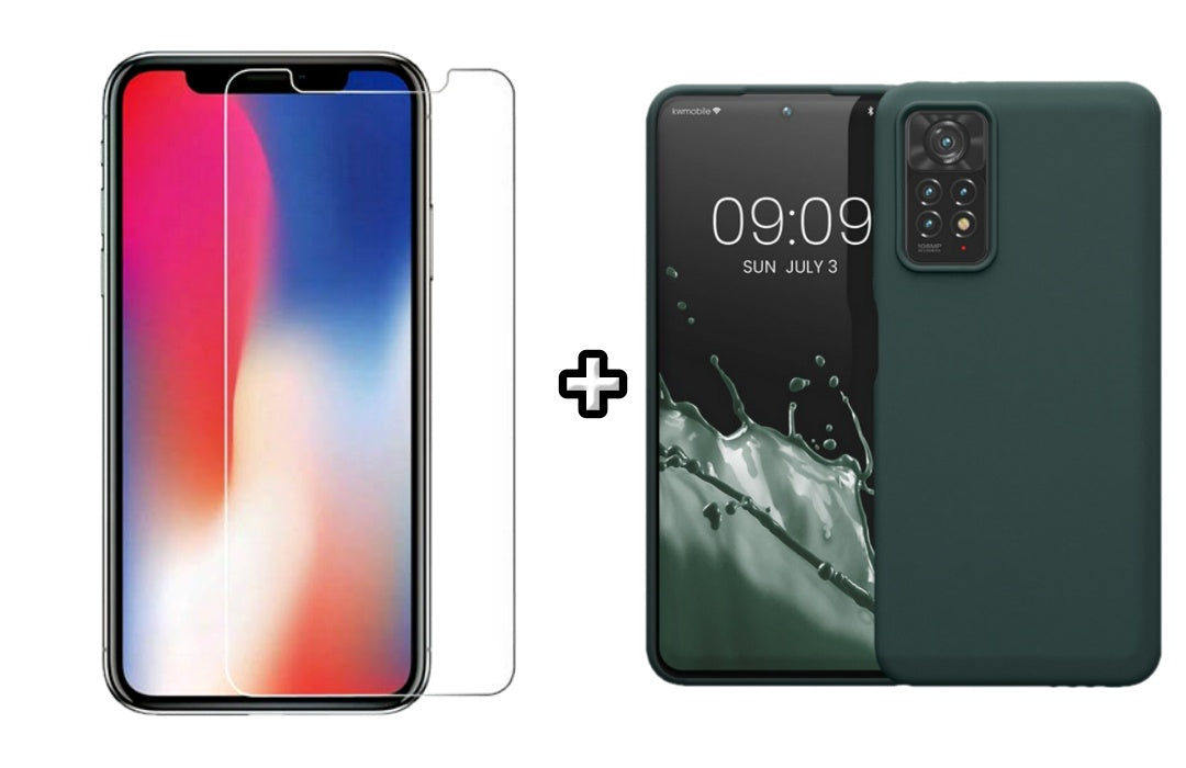 Set Husa Silicon plus Folie din sticla transparenta compatibila cu Xiaomi Redmi Note 11, verde inchis, protectie 360