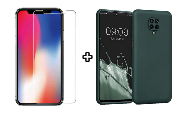 Set Husa Silicon plus Folie din sticla transparenta compatibila cu Xiaomi Redmi Note 9 Pro, verde inchis, protectie 360