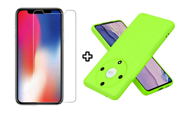 Set Husa Silicon plus Folie din sticla transparenta Case Friendly compatibila cu Honor Magic5 Lite, verde neon, protectie 360