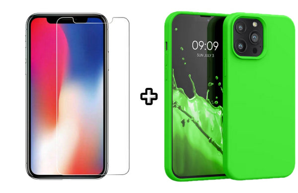 Set Husa Silicon plus Folie din sticla transparenta compatibila cu Apple iPhone 16 Pro, verde neon, protectie 360