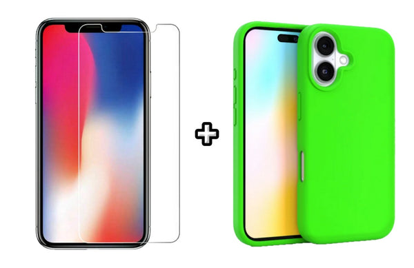 Set Husa Silicon plus Folie din sticla transparenta compatibila cu Apple iPhone 16, verde neon, protectie 360