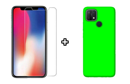 Set Husa Silicon plus Folie din sticla transparenta Case Friendly compatibila cu OPPO A15, verde neon, protectie 360