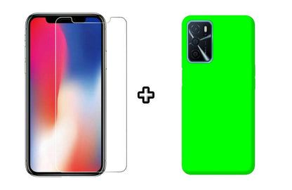 Set Husa Silicon plus Folie din sticla transparenta Case Friendly compatibila cu OPPO A16, verde neon, protectie 360