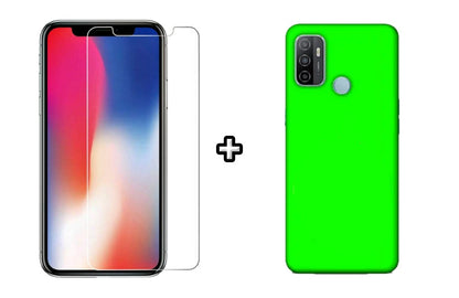 Set Husa Silicon plus Folie din sticla transparenta Case Friendly compatibila cu OPPO A53, verde neon, protectie 360