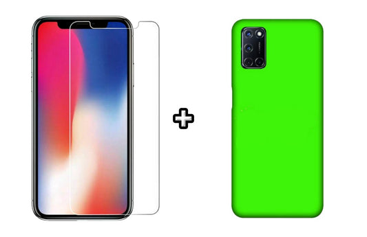 Set Husa Silicon plus Folie din sticla transparenta Case Friendly compatibila cu OPPO A92, verde neon, protectie 360