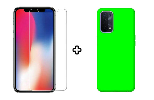 Set Husa Silicon plus Folie din sticla transparenta Case Friendly compatibila cu OPPO A74 4G, verde neon, protectie 360