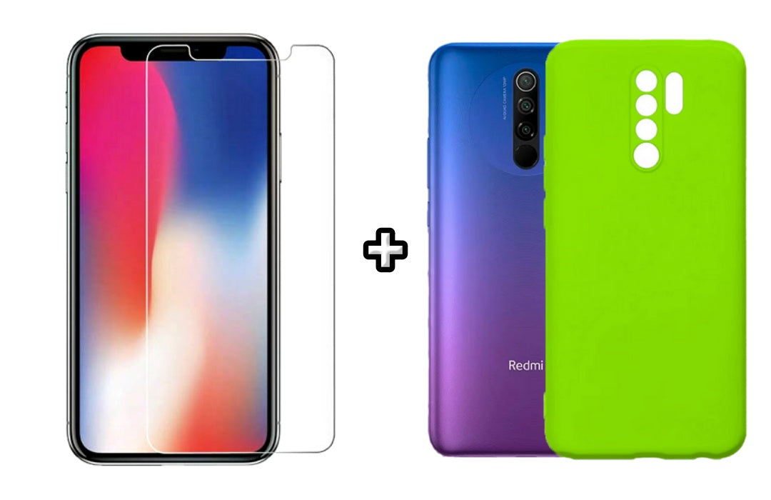 Set Husa Silicon plus Folie din sticla transparenta compatibila cu Xiaomi Redmi 9, verde neon, protectie 360
