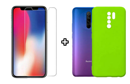 Set Husa Silicon plus Folie din sticla transparenta compatibila cu Xiaomi Redmi 9, verde neon, protectie 360