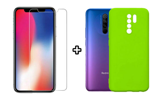 Set Husa Silicon plus Folie din sticla transparenta compatibila cu Xiaomi Redmi 9, verde neon, protectie 360