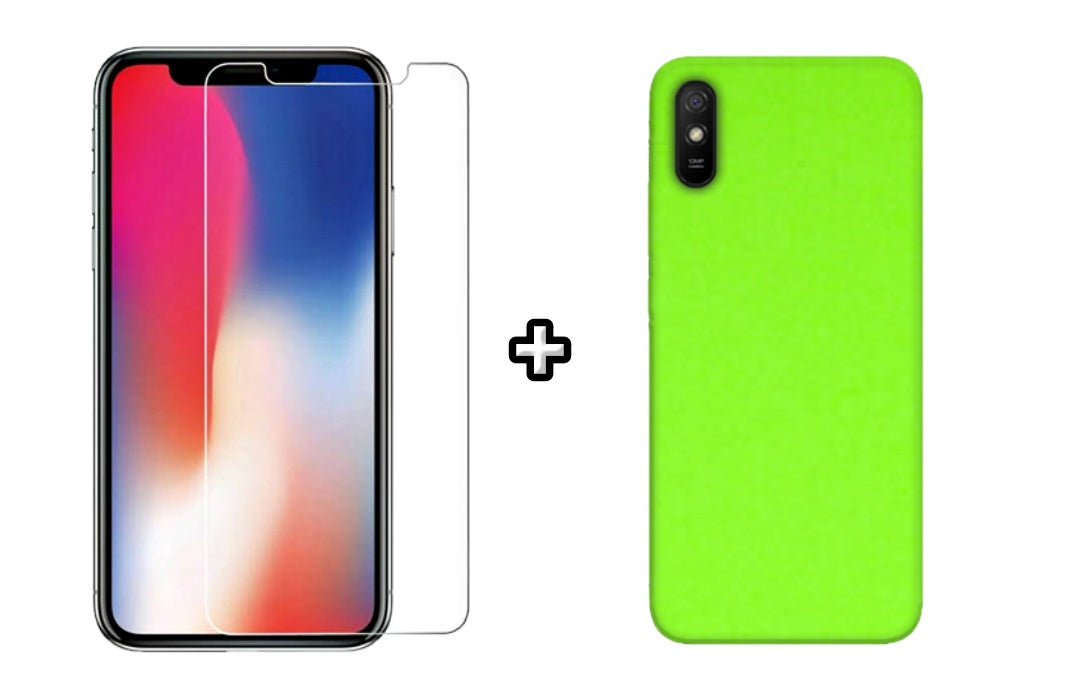 Set Husa Silicon plus Folie din sticla transparenta compatibila cu Xiaomi Redmi 9A, verde neon, protectie 360