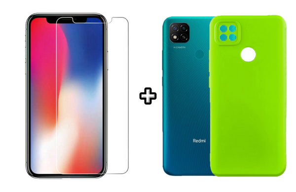 Set Husa Silicon plus Folie din sticla transparenta compatibila cu Xiaomi Redmi 9C, verde neon, protectie 360