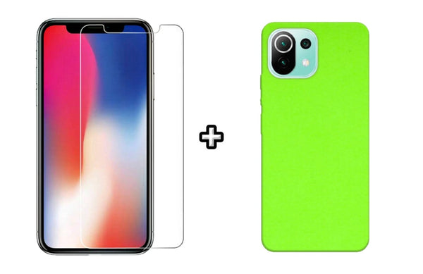 Set Husa Silicon plus Folie din sticla transparenta compatibila cu Xiaomi Mi 11 Lite, verde neon, protectie 360