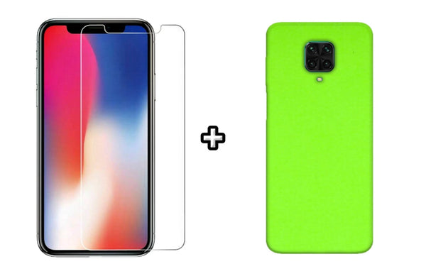 Set Husa Silicon plus Folie din sticla transparenta compatibila cu Xiaomi Redmi Note 9 Pro, verde neon, protectie 360