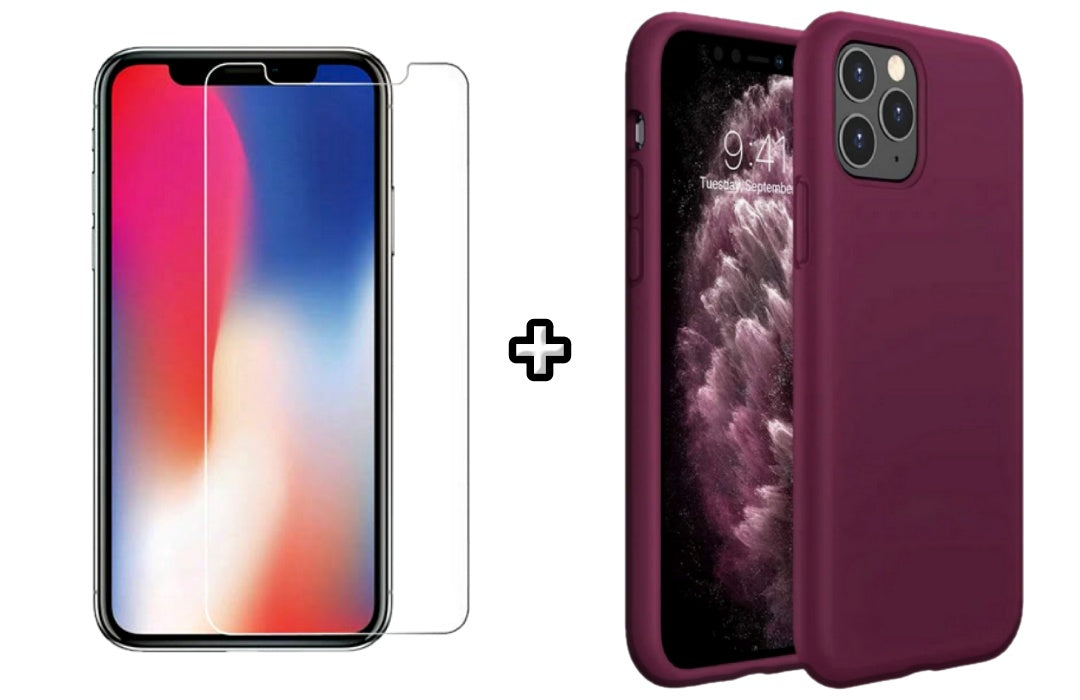 Set Husa Silicon + Folie din sticla transparenta Case Friendly compatibila cu Apple iPhone 12 Pro, visinie, protectie 360